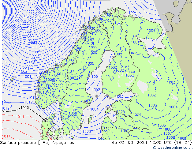 Surface pressure Arpege-eu Mo 03.06.2024 18 UTC