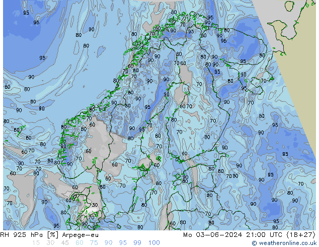 RH 925 hPa Arpege-eu pon. 03.06.2024 21 UTC