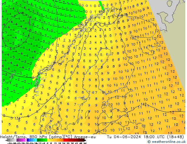 Height/Temp. 850 hPa Arpege-eu Út 04.06.2024 18 UTC