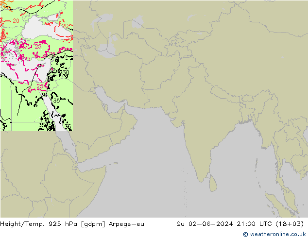 Yükseklik/Sıc. 925 hPa Arpege-eu Paz 02.06.2024 21 UTC