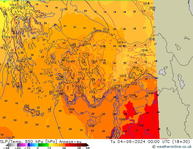 SLP/Temp. 850 hPa Arpege-eu Tu 04.06.2024 00 UTC