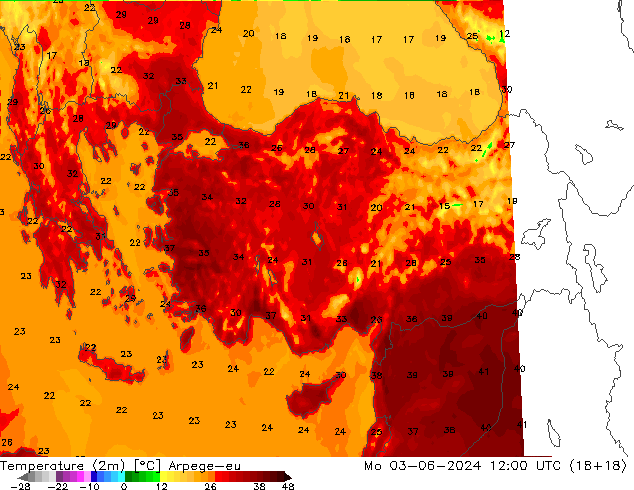 Temperatuurkaart (2m) Arpege-eu ma 03.06.2024 12 UTC