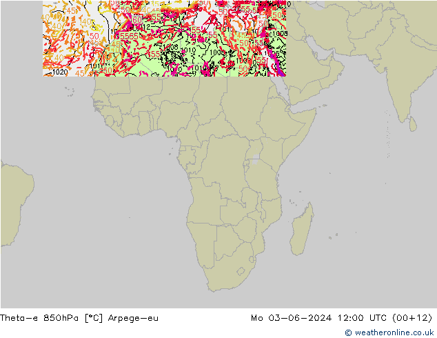 Theta-e 850hPa Arpege-eu Mo 03.06.2024 12 UTC