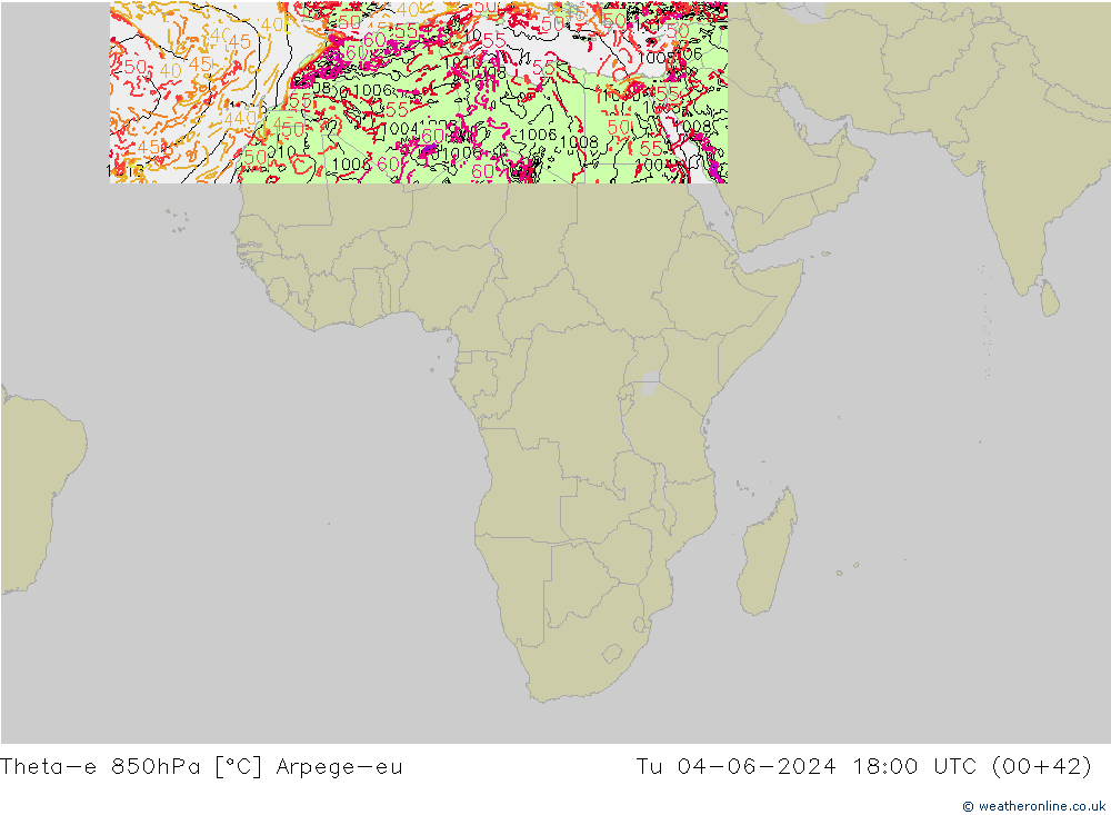 Theta-e 850hPa Arpege-eu  04.06.2024 18 UTC