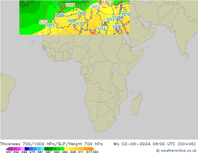 Espesor 700-1000 hPa Arpege-eu lun 03.06.2024 06 UTC