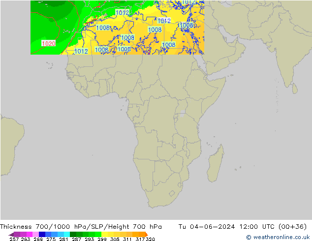 Espesor 700-1000 hPa Arpege-eu mar 04.06.2024 12 UTC