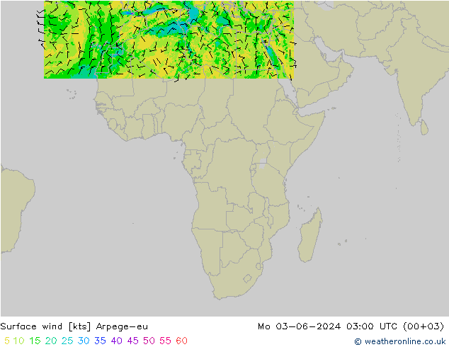 Surface wind Arpege-eu Mo 03.06.2024 03 UTC