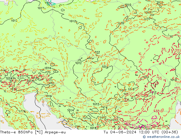 Theta-e 850hPa Arpege-eu Út 04.06.2024 12 UTC