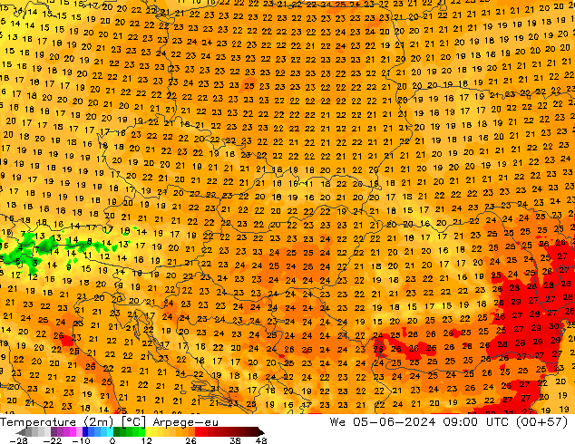 Temperatuurkaart (2m) Arpege-eu wo 05.06.2024 09 UTC