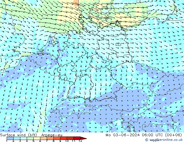 �N 10 米 (bft) Arpege-eu 星期一 03.06.2024 06 UTC
