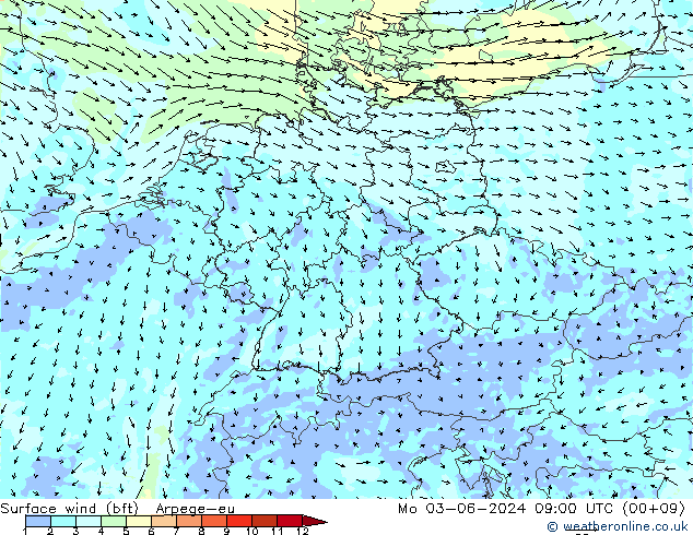 Surface wind (bft) Arpege-eu Mo 03.06.2024 09 UTC