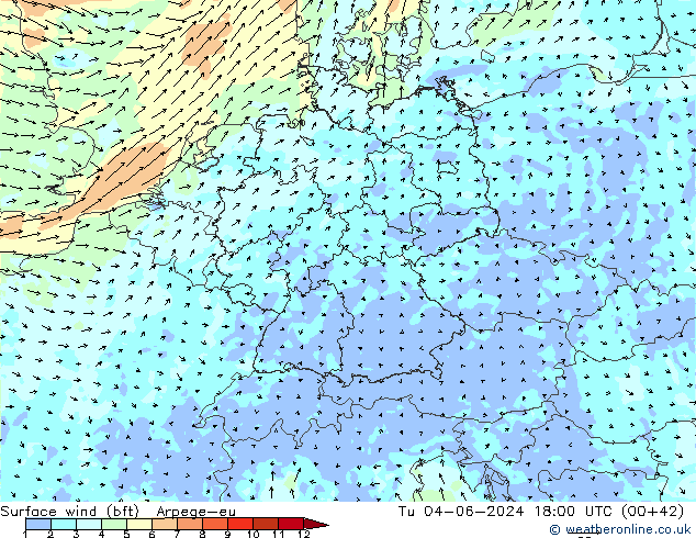 Surface wind (bft) Arpege-eu Tu 04.06.2024 18 UTC