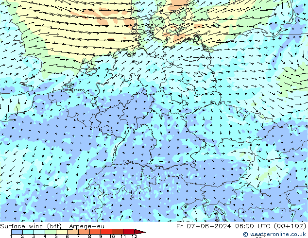 Bodenwind (bft) Arpege-eu Fr 07.06.2024 06 UTC