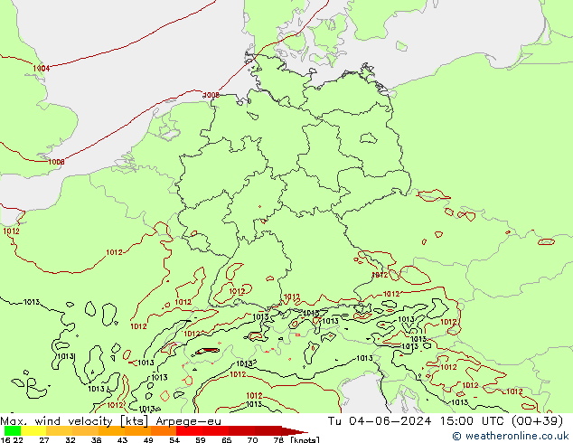 Max. wind velocity Arpege-eu Út 04.06.2024 15 UTC