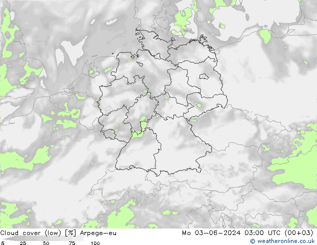 Cloud cover (low) Arpege-eu Mo 03.06.2024 03 UTC