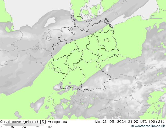 Cloud cover (middle) Arpege-eu Mo 03.06.2024 21 UTC