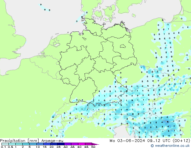 Niederschlag Arpege-eu Mo 03.06.2024 12 UTC