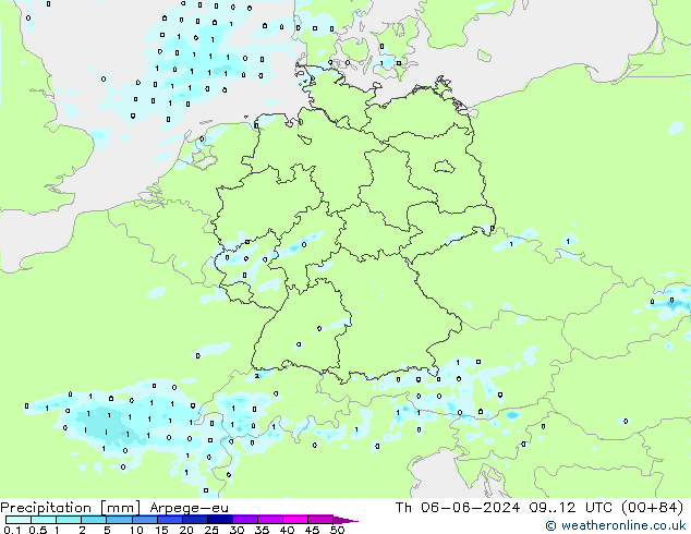 Precipitazione Arpege-eu gio 06.06.2024 12 UTC