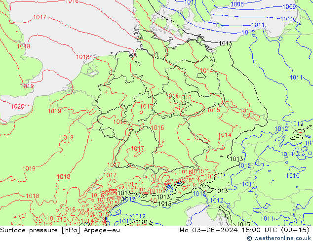 Surface pressure Arpege-eu Mo 03.06.2024 15 UTC