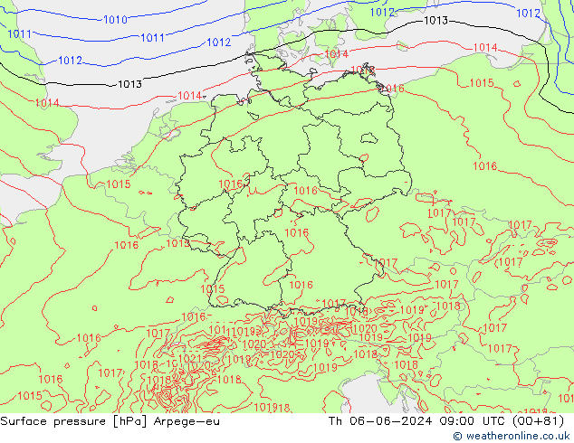 Surface pressure Arpege-eu Th 06.06.2024 09 UTC