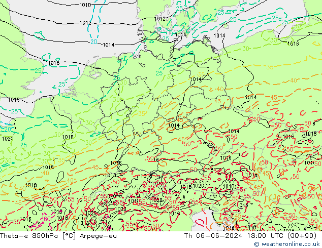 Theta-e 850hPa Arpege-eu do 06.06.2024 18 UTC