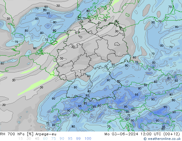 RH 700 hPa Arpege-eu Mo 03.06.2024 12 UTC