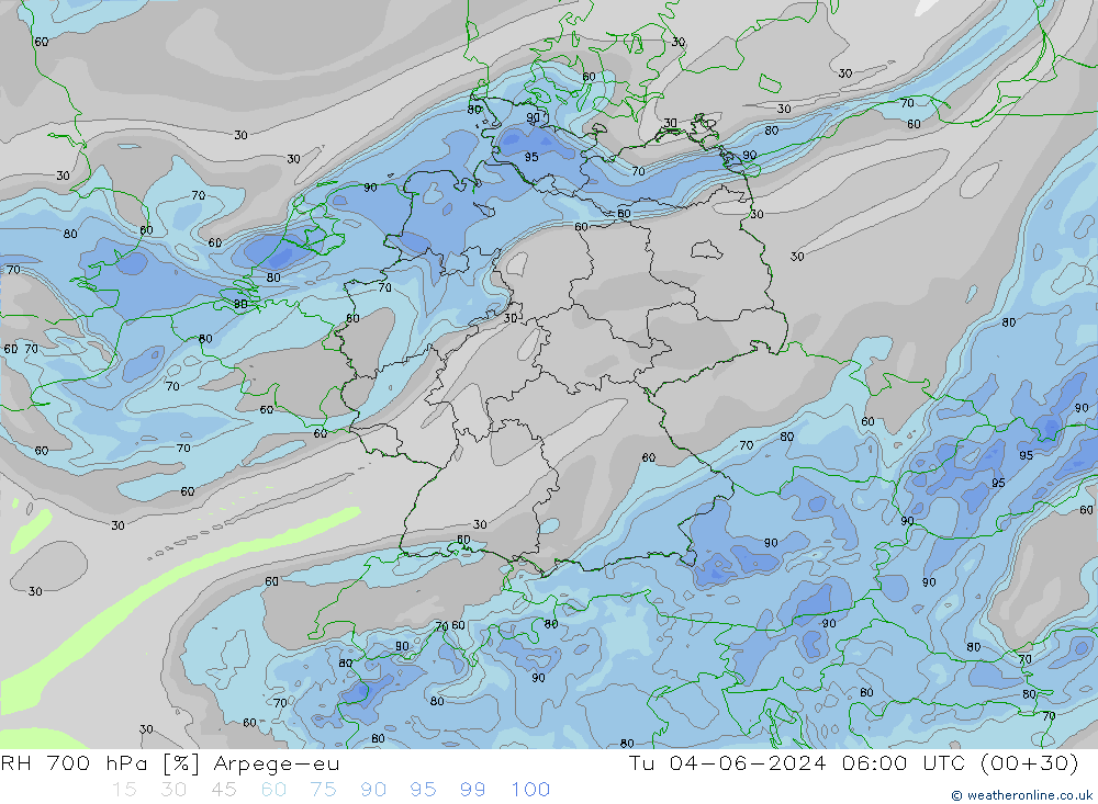 RH 700 hPa Arpege-eu wto. 04.06.2024 06 UTC