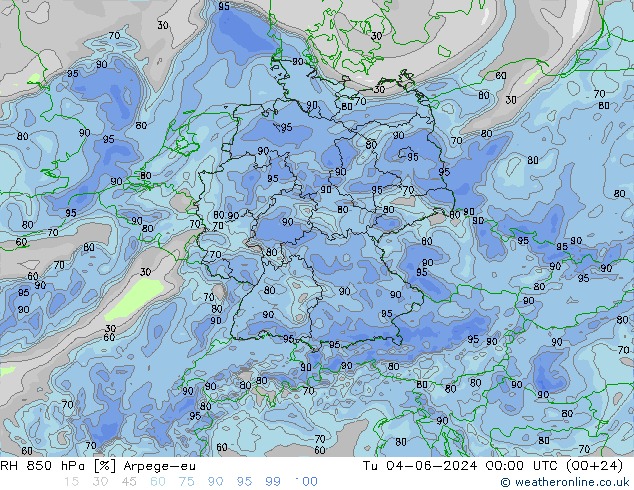 Humidité rel. 850 hPa Arpege-eu mar 04.06.2024 00 UTC