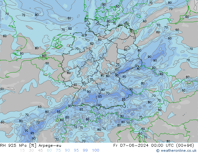 Humidité rel. 925 hPa Arpege-eu ven 07.06.2024 00 UTC
