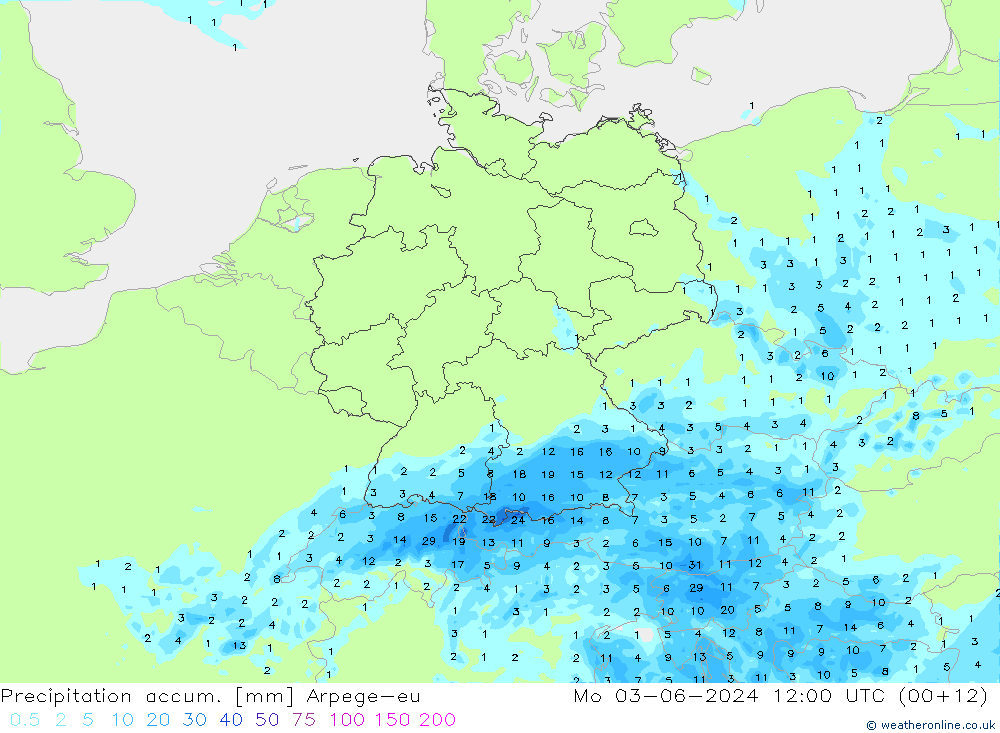 Precipitation accum. Arpege-eu 星期一 03.06.2024 12 UTC