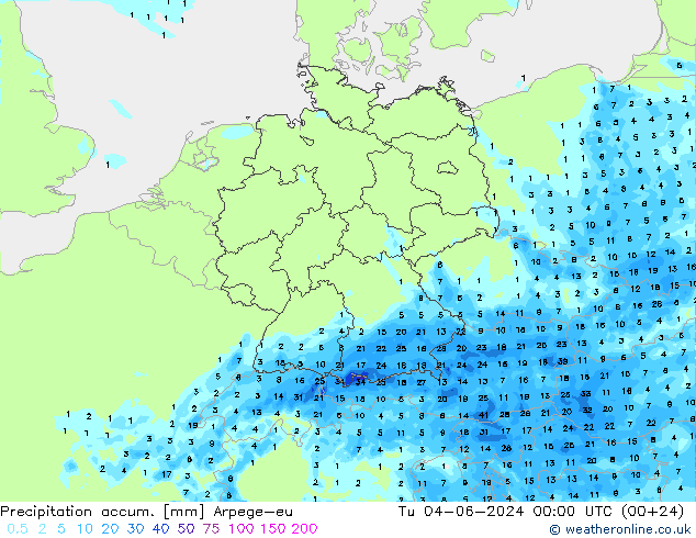 Totale neerslag Arpege-eu di 04.06.2024 00 UTC