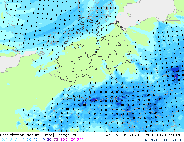 Totale neerslag Arpege-eu wo 05.06.2024 00 UTC