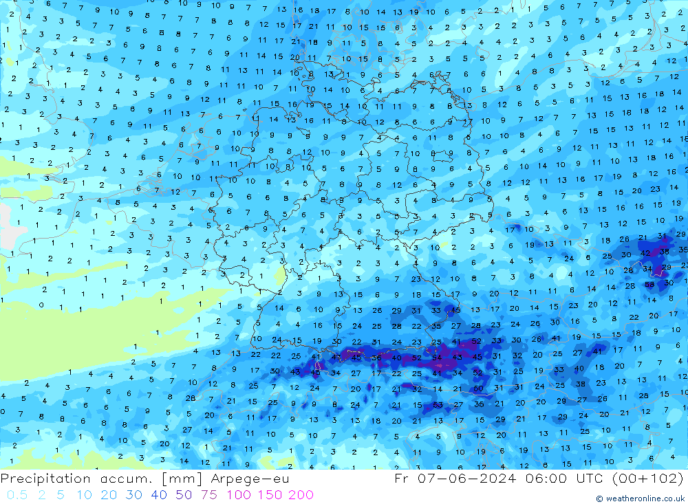 Precipitation accum. Arpege-eu Fr 07.06.2024 06 UTC