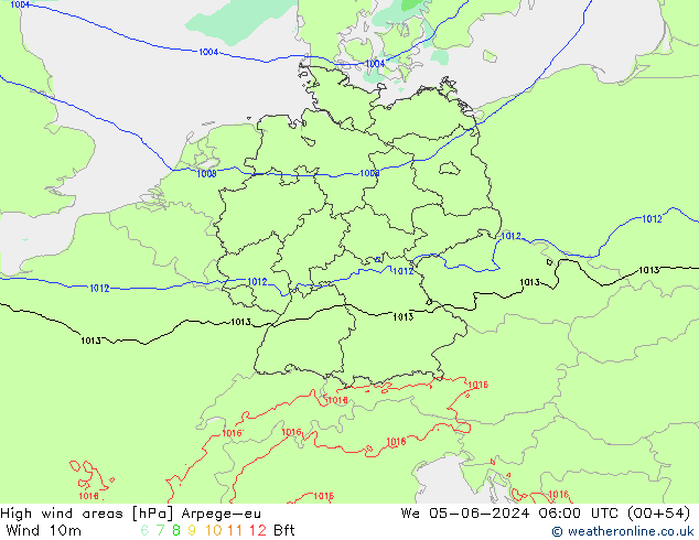 High wind areas Arpege-eu mer 05.06.2024 06 UTC