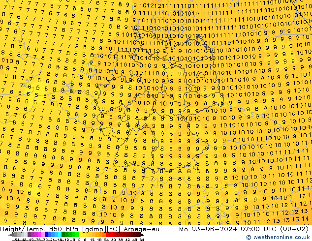 Height/Temp. 850 hPa Arpege-eu Mo 03.06.2024 02 UTC