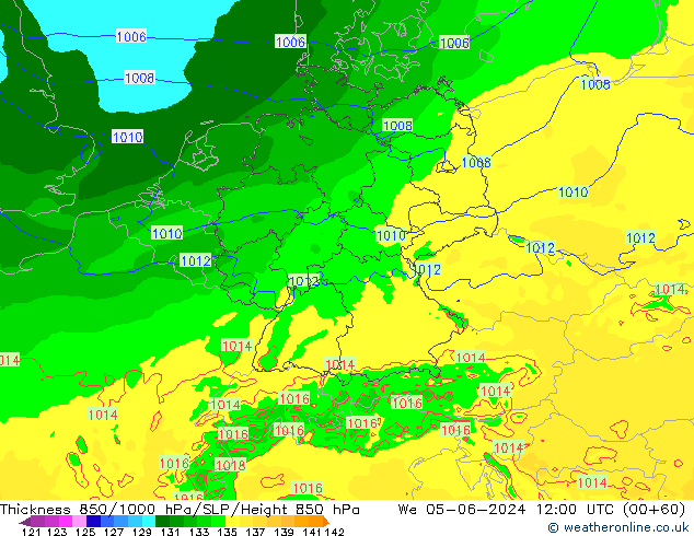 Dikte 850-1000 hPa Arpege-eu wo 05.06.2024 12 UTC