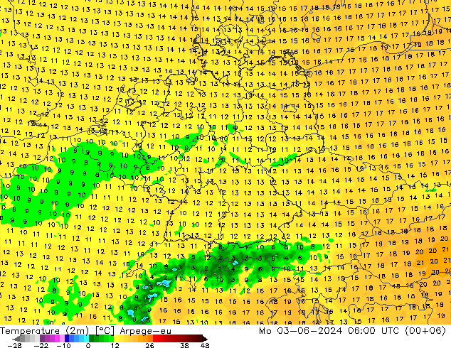 Temperatura (2m) Arpege-eu lun 03.06.2024 06 UTC