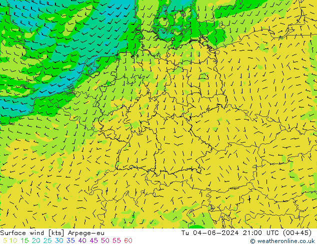 Surface wind Arpege-eu Tu 04.06.2024 21 UTC