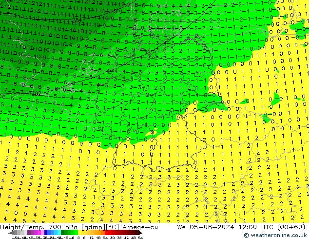 Height/Temp. 700 hPa Arpege-eu Mi 05.06.2024 12 UTC