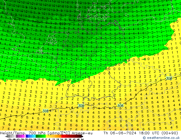 Géop./Temp. 700 hPa Arpege-eu jeu 06.06.2024 18 UTC