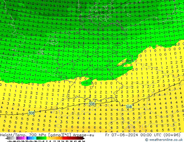 Height/Temp. 700 hPa Arpege-eu Fr 07.06.2024 00 UTC