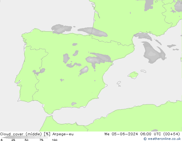 Cloud cover (middle) Arpege-eu We 05.06.2024 06 UTC