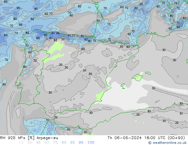 RH 925 hPa Arpege-eu czw. 06.06.2024 18 UTC