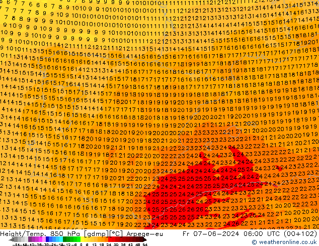 Height/Temp. 850 гПа Arpege-eu пт 07.06.2024 06 UTC