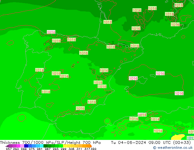 Thck 700-1000 hPa Arpege-eu Tu 04.06.2024 09 UTC