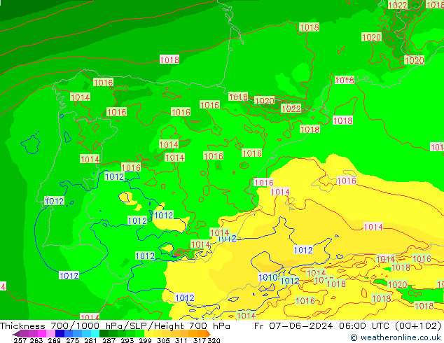 Thck 700-1000 hPa Arpege-eu ven 07.06.2024 06 UTC