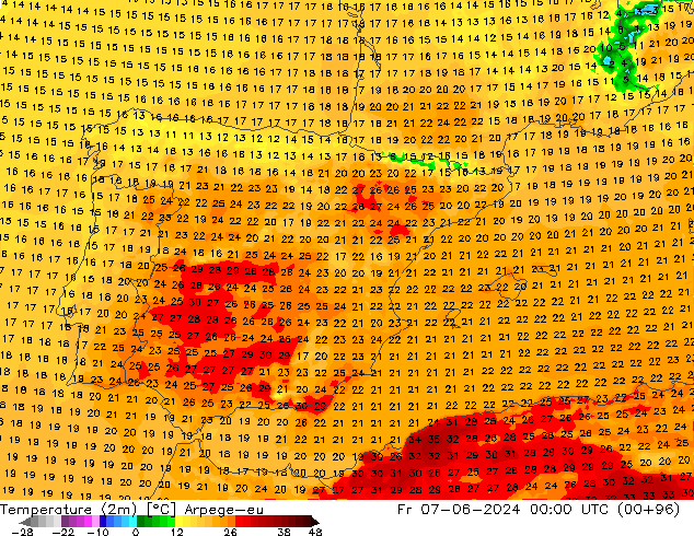 Temperatura (2m) Arpege-eu vie 07.06.2024 00 UTC