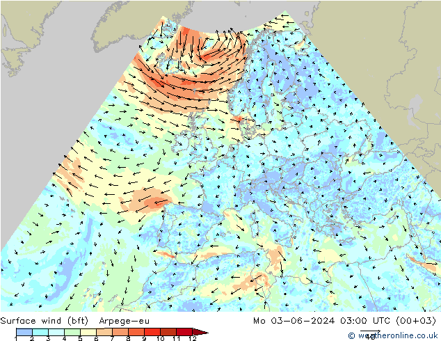 Wind 10 m (bft) Arpege-eu ma 03.06.2024 03 UTC