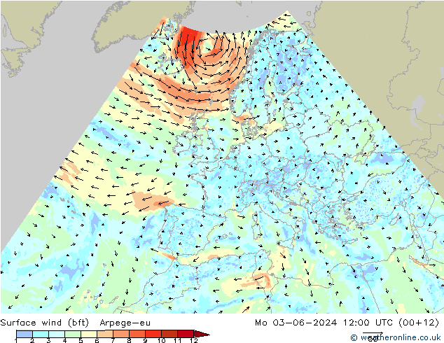 Bodenwind (bft) Arpege-eu Mo 03.06.2024 12 UTC