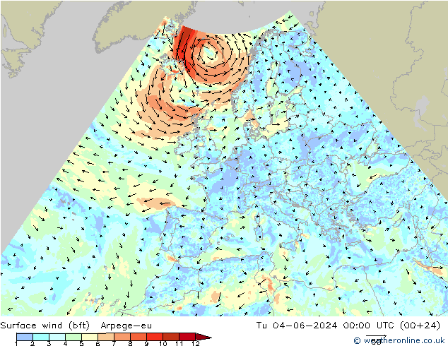 Surface wind (bft) Arpege-eu Tu 04.06.2024 00 UTC